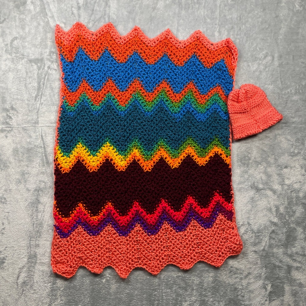 Handmade Crochet Rainbow Chevron Baby Blanket and Hat Set 26x20